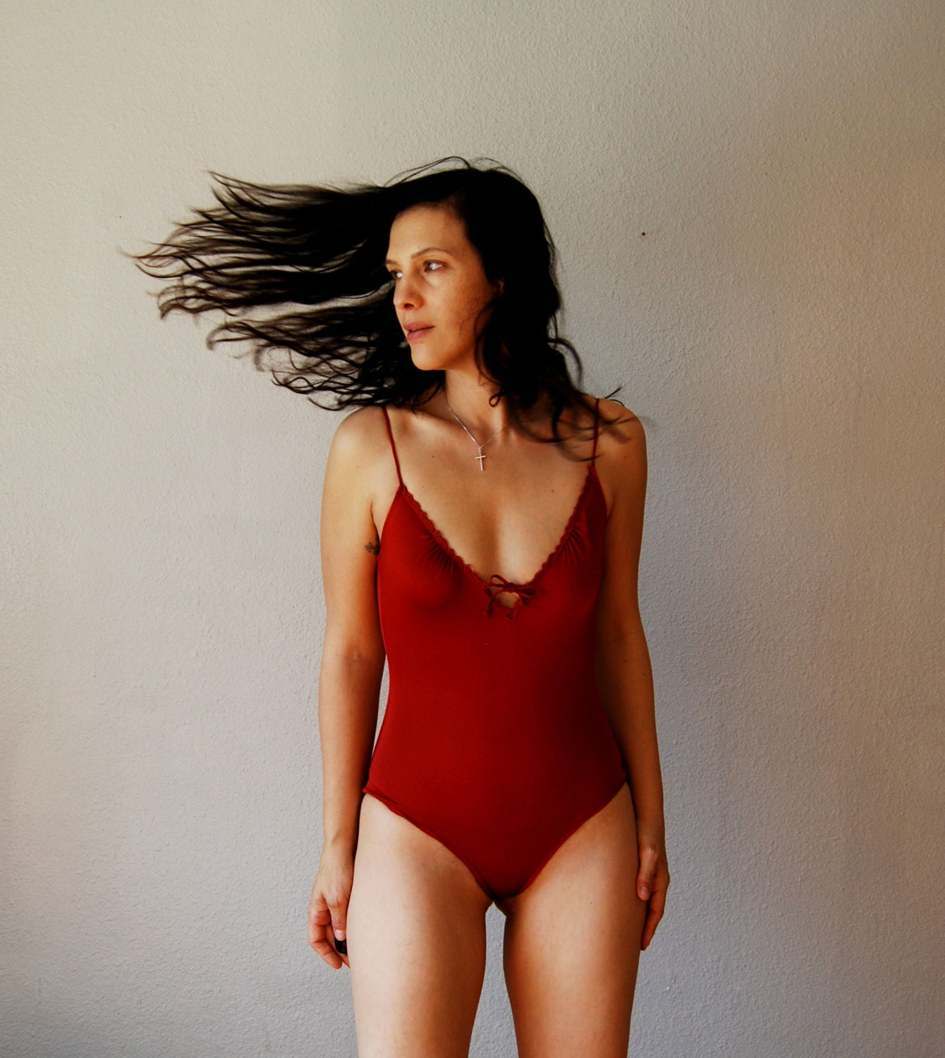 vintage RASPBERRY one peice/ 1970s lace trim swim suit