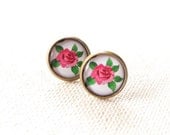 Floral Earrings - Rose Earring Studs - Flower Jewelry - Pink Rose Earring Posts - Pink Rose Green Flowers