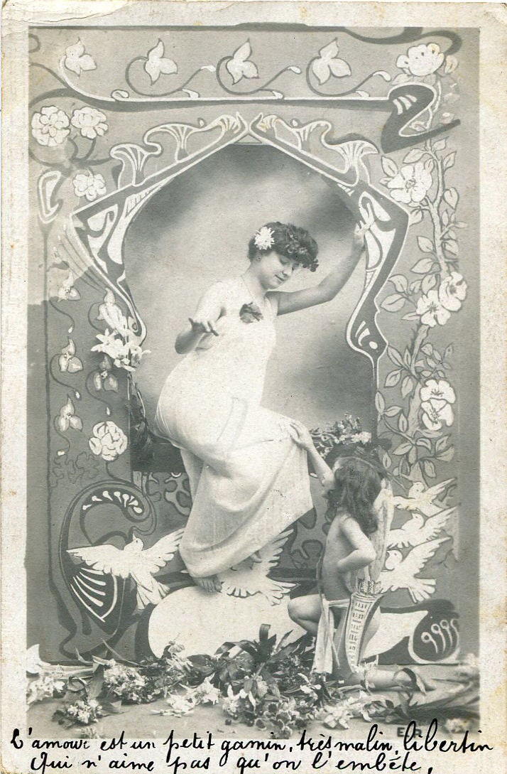 Original French vintage hand tinted real photo postcard - Lady and little angel boy - Victorian Paper Ephemera