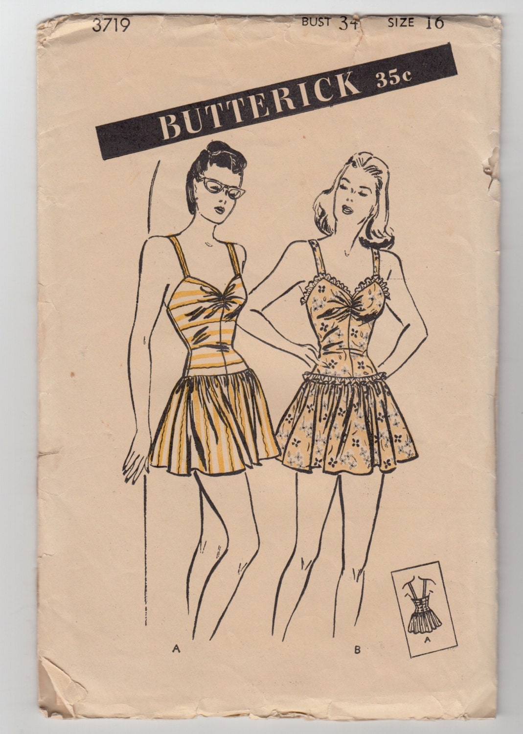 Vintage Sewing Pattern 1940's Skirted Bathing Suit Butterick 3719 Size 16 34" Bust