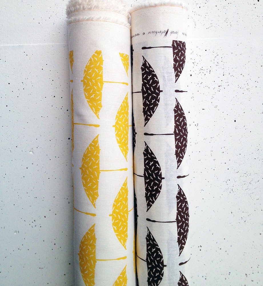 Hand Printed Fabric Metre of Mustard Yellow Bird Brolly Hemp Organic cotton
