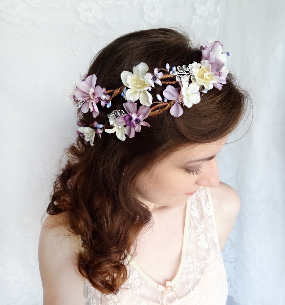 lavender flower hair wreath, purple wedding headpiece, bridal hair accessory, ivory flower crown - FILIGREE HALO - lilac purple crystals