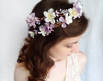 lavender flower hair wreath, purple wedding headpiece, bridal hair accessory, ivory flower crown - FILIGREE HALO - lilac purple crystals