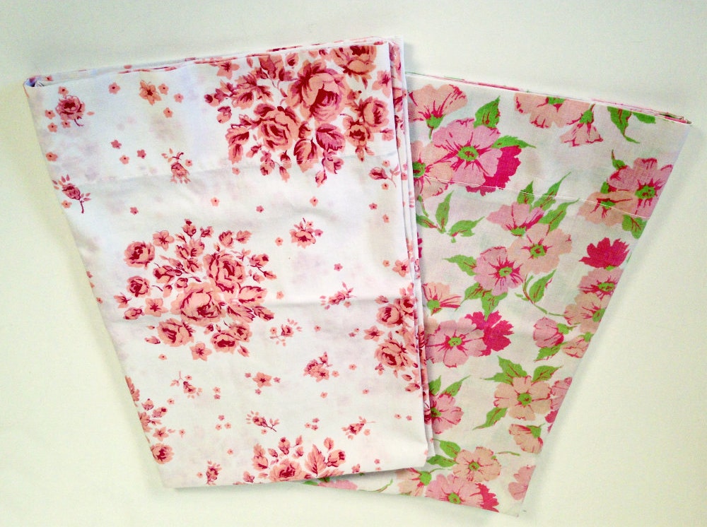 vintage cotton pillow cases - pink white green cottage floral print - set of 2