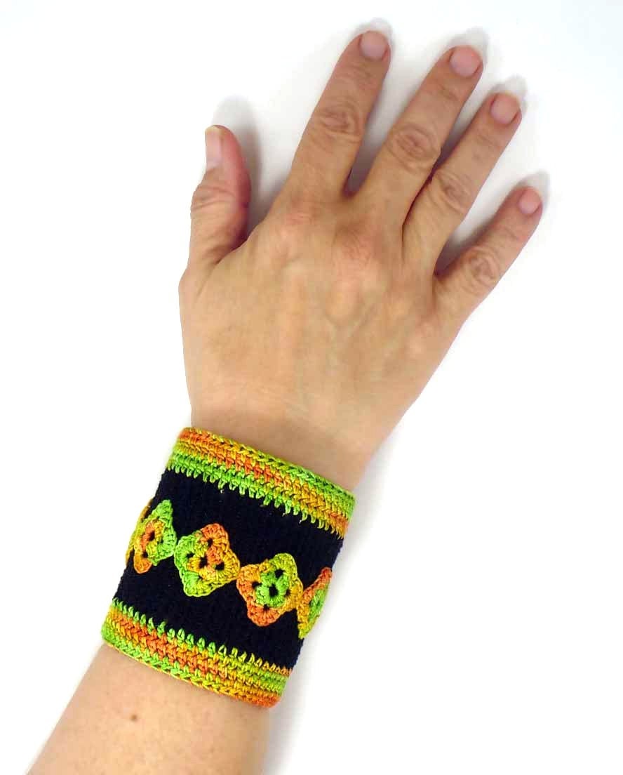 Crochet Cuff Bracelet Tribal Bracelet Diamond Motif Black Orange Spring Green Yellow Ethnic Bracelet