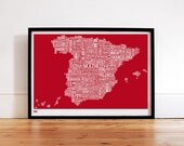 Spain Type Map in Poppy Red - decorative screen print