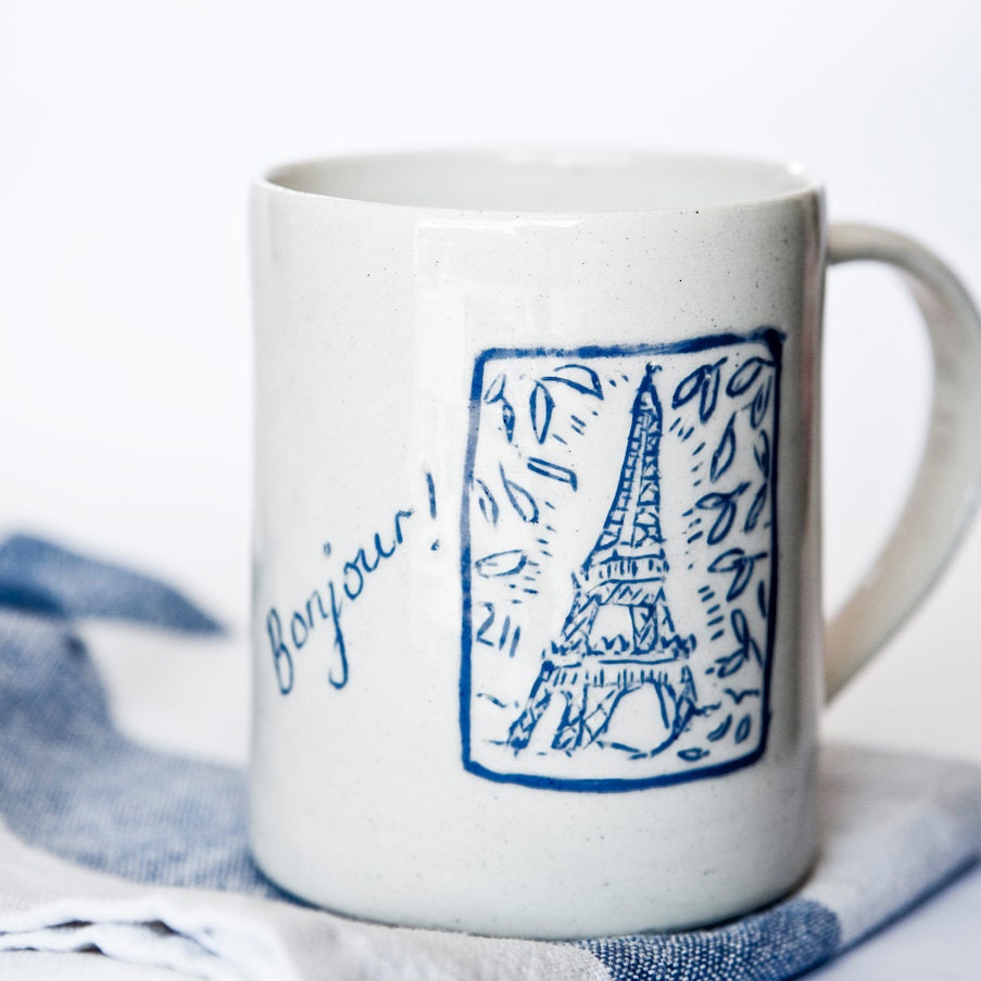 Bonjour...Paris - Slip decorated Ceramic Cup.