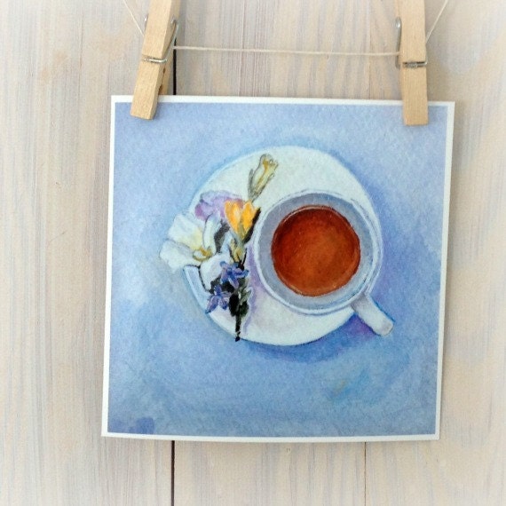 Floral tea cup still life watercolor painting illustration print, pastel blue, tea party, 6x6 fine art by Cathie Carlson