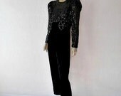 Vintage 80's Jumpsuit, Black Velvet Designer Cachet Sequin Jumpsuit/ Straight Leg/ Evening/Party