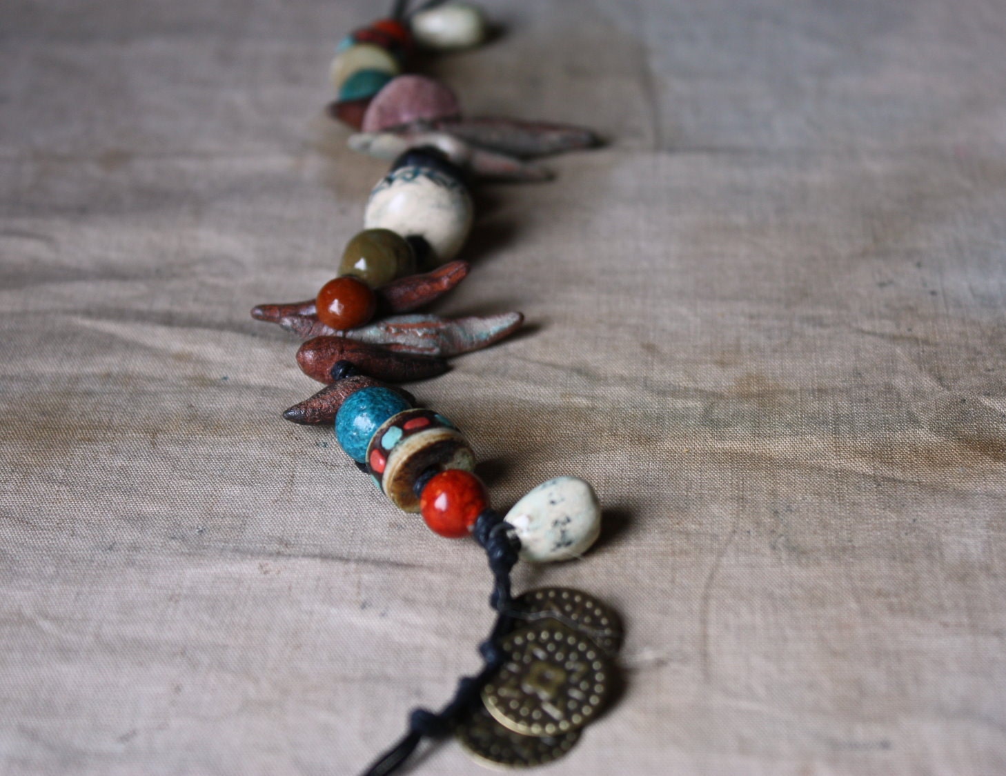Snake in the Grass--a Necklace with Artisan Stoneware, Porcelain, Glass, Bone, Bamboo, and Metal Beads