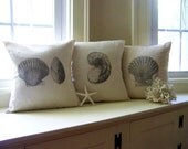 shell pillow cover - set of 3 - antique image - gray - summer pillow - home decor - linen - natural