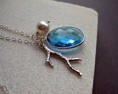 Sterling Silver Coral Branch Necklace -  Sterling Silver Blue Quartz Necklace - Coral Branch Necklace - Nautical Necklace - Pearl Necklace