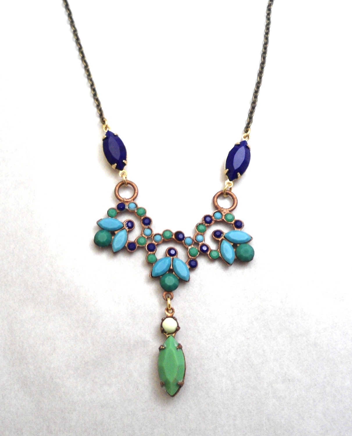 Necklace, Green, Navy Blue, Turquoise Blue, Rhinestone