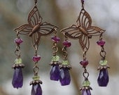 Amethyst Garnet and Peridot Gemstone Butterfly Chandelier Earrings with Vintaj Brass