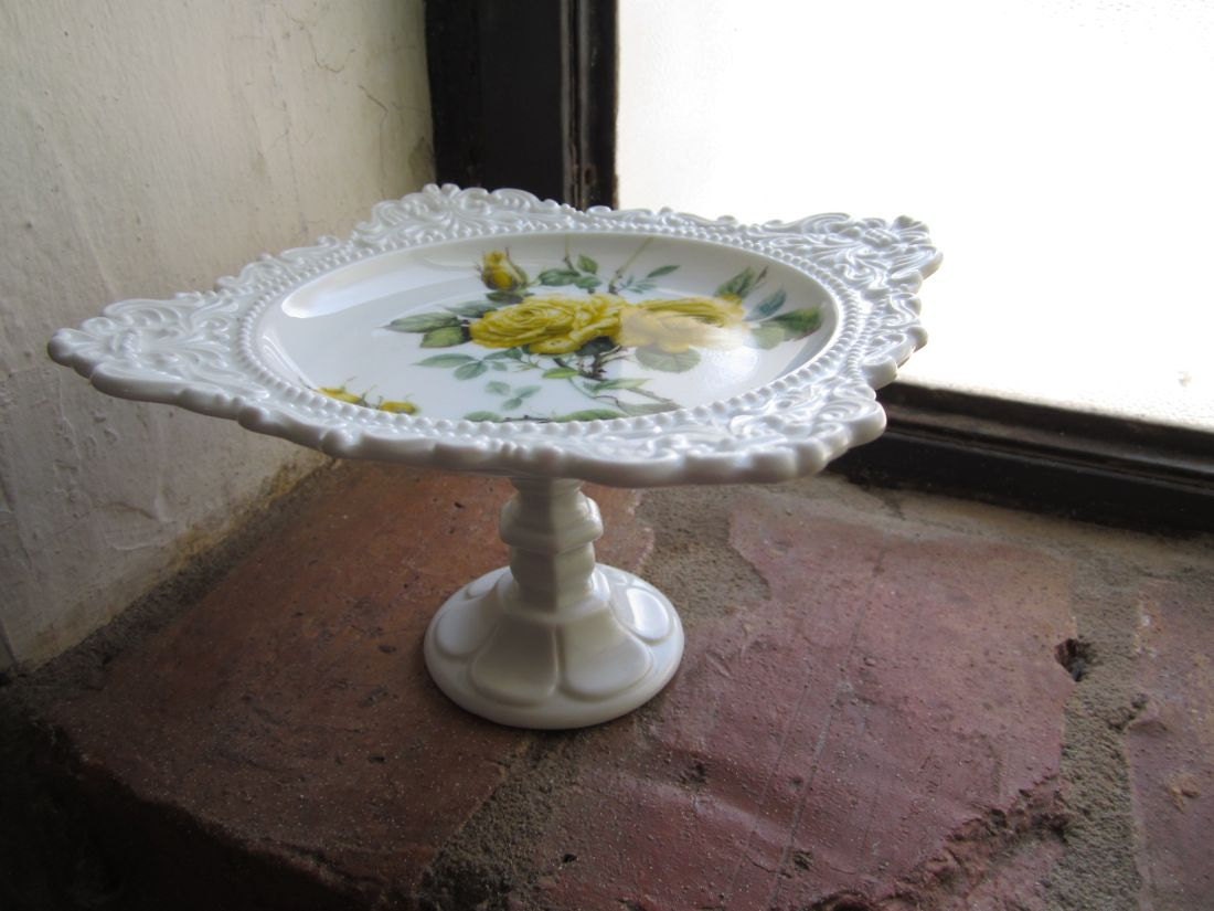 Vintage Pedestal - Ceramic Sweet Floral Themed Ceramic Plate Base Cupcake Tier Riser Display Centerpiece - Shabby Chic