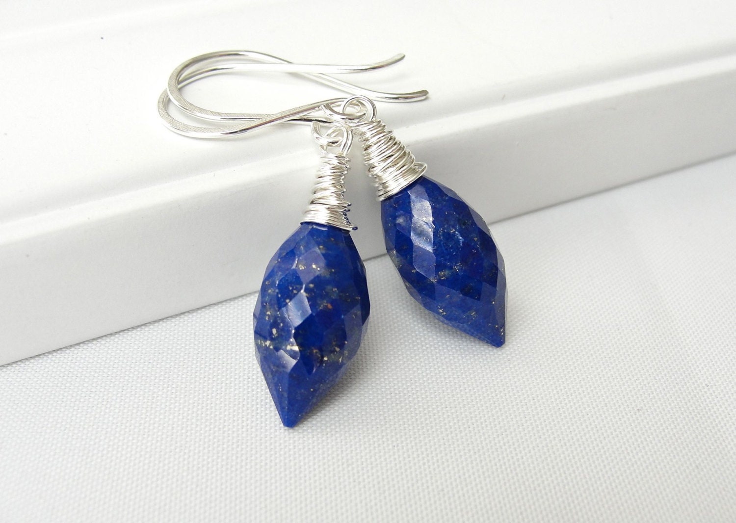Lapis Lazuli Earrings in Sterling Silver, Wire Wrapped Briolette, Dangle Earrings, Blue Gemstone Jewelry