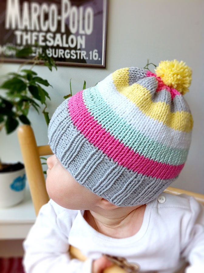 Summer beanie for babies from 6 months. Pink, yellow, mint and gray stripes.