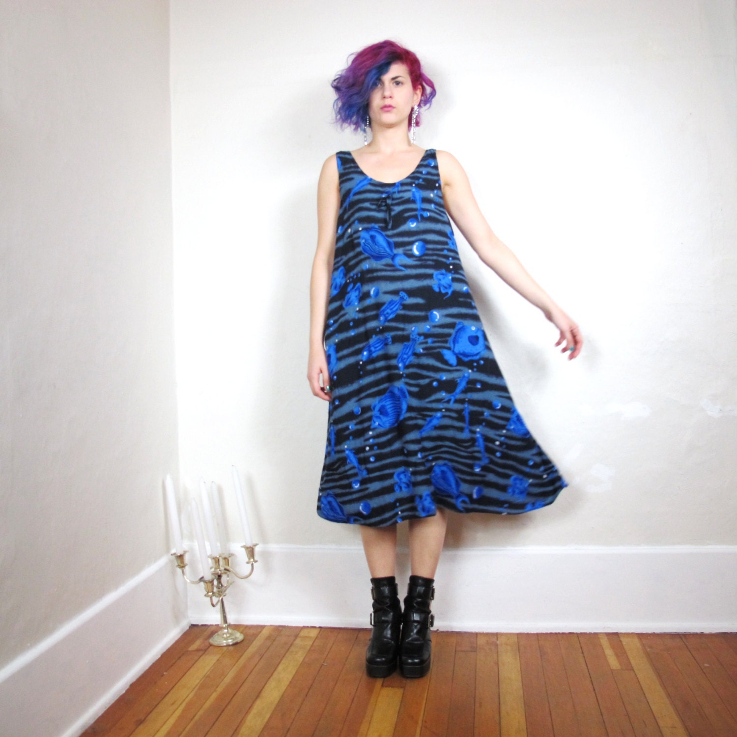 80s 90s Under the Sea Fish Print Summer Sun Dress (L)