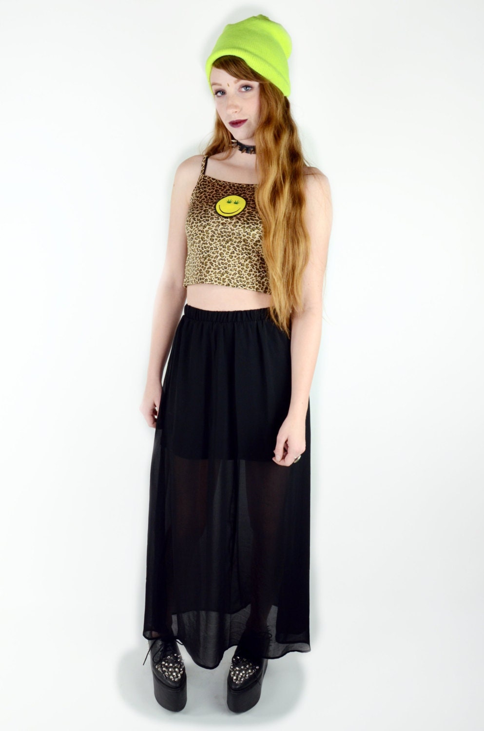 Free Shipping - Vtg 90s GRUNGE Leopard CROP Tank w Smiley Face PATCH Weed Eyez