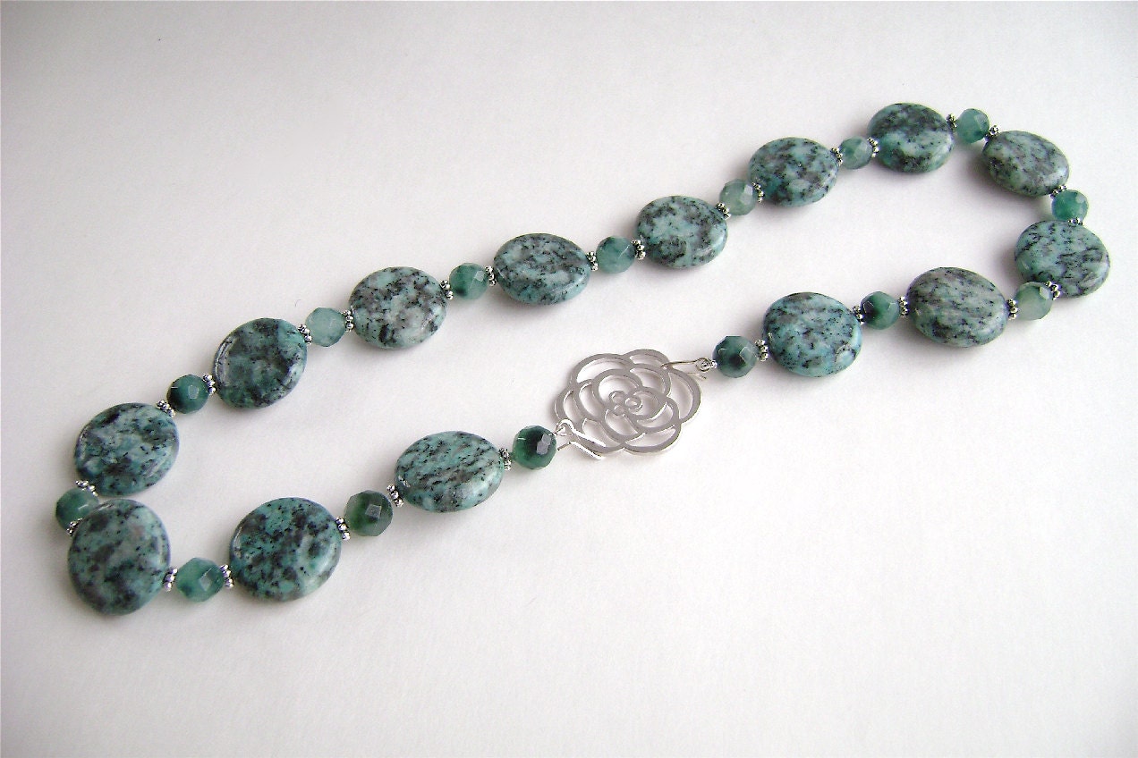 Jasper Necklace, Gemstone Jewelry, Sesame Jasper, Spotted Quartz, Turquoise, Aqua, Blue, Flower, Summer, 480