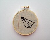 Paper Airplane- Three Inch Embroidery Hoop Wall Art- Machine Stitched and Hand Embroidered