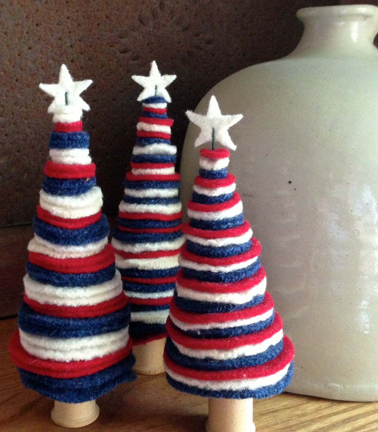 Kit to make Three July 4th  Red White and Blue Wool Felt Trees with Star on Top Fun and Funky