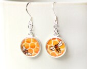 Honey Bee earrings, silver dangle earrings, honeycomb, bee jewelry by SarahLambertCook, drop earrings LIMITED EDITION
