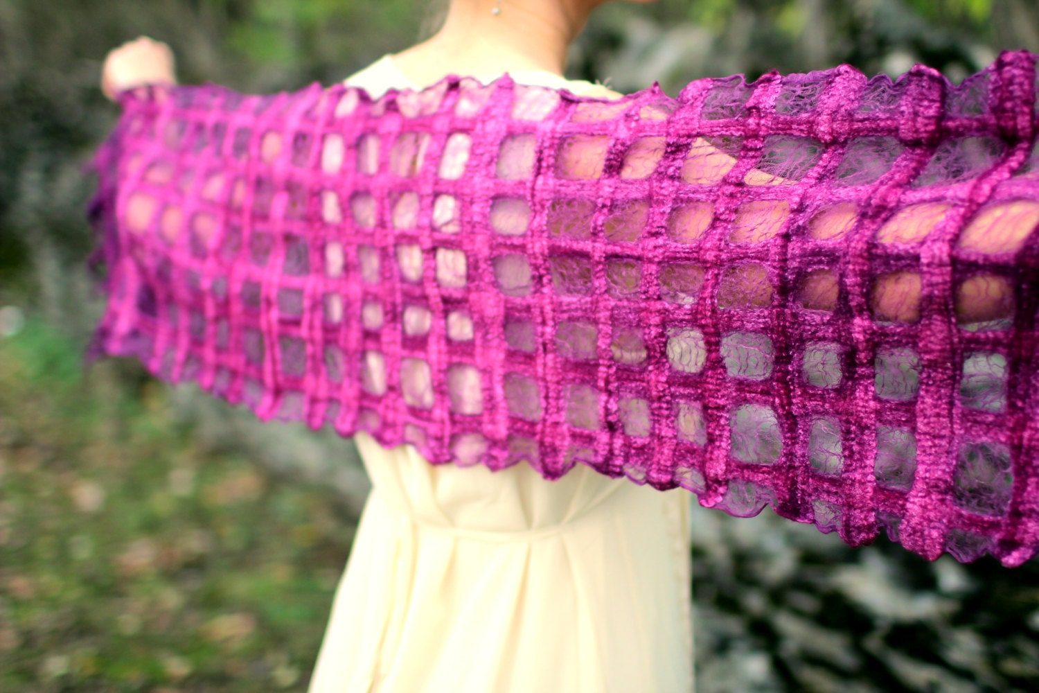 Scarf. Nuno Felt Scarf. Felted Scarf. Hand Dyed Magenta Lattice Scarf. Handmade Merino Wool and Silk Scarf.