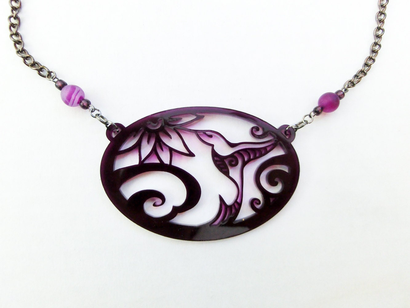 Hummingbird Necklace - Bird and Flower - Purple - Unique Bird Amulet Laser Cut from Original Drawing by Laura Cesari