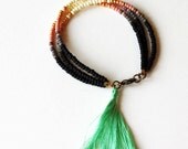 Beaded Tribal Bracelet - Wrap Bracelet - Bracelet with Mint Tassel - Black Grey Gray Blush Pink Gold Cream Bracelet