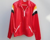 70s vintage red windbreaker, shoulder color block patches, lightweight, large