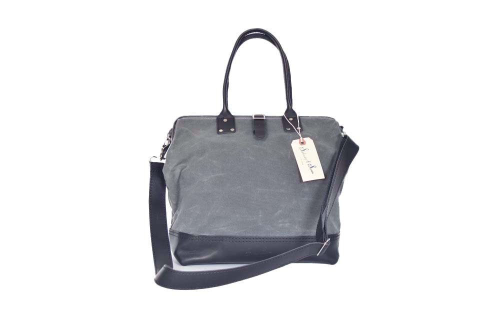 Walter charcoal gray canvas and black leather frame bag