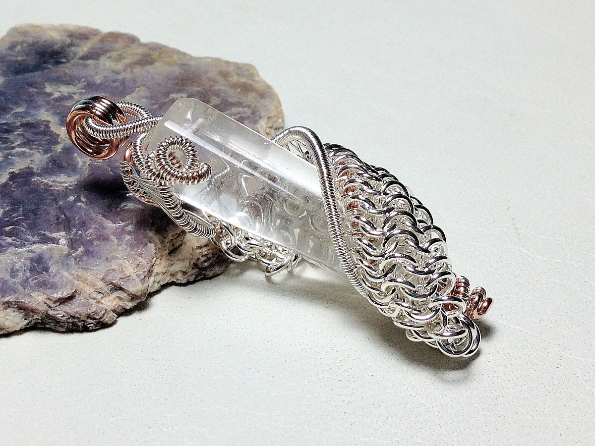 Quartz Point Silver Chainmaille Wire Wrapped Pendant