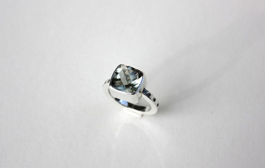 Green Amethyst Cushion Ring with Diamond Accents - Sterling Silver - Wedding Engagement Promise Ring