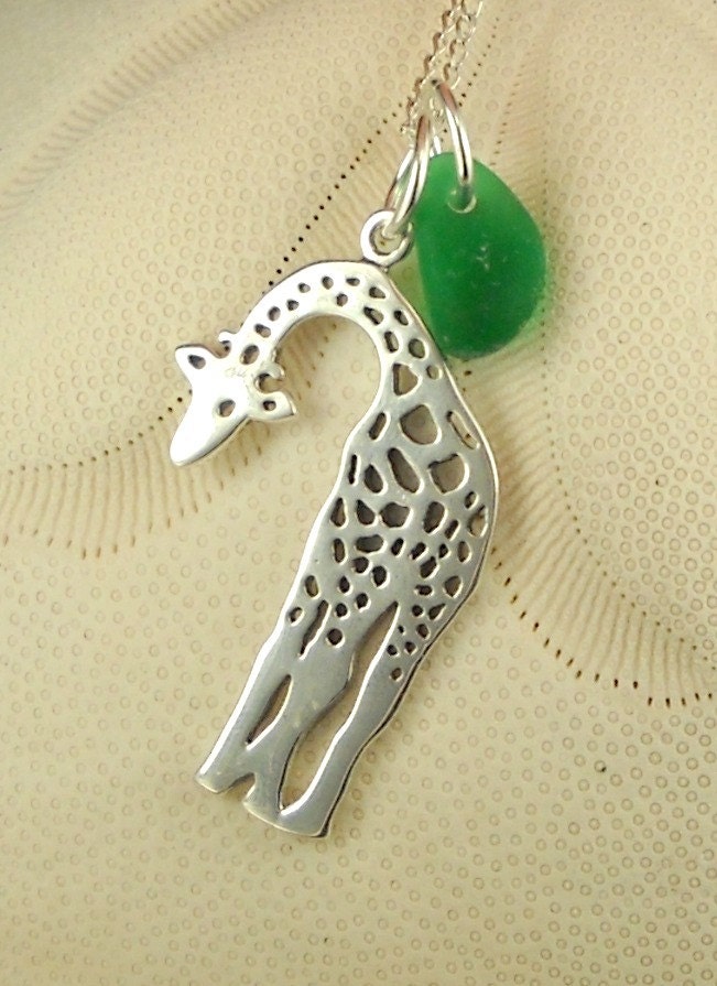 RARE Emerald Green Sea Glass And Giraffe Necklace Pendant Sterling Silver Eco Friendly