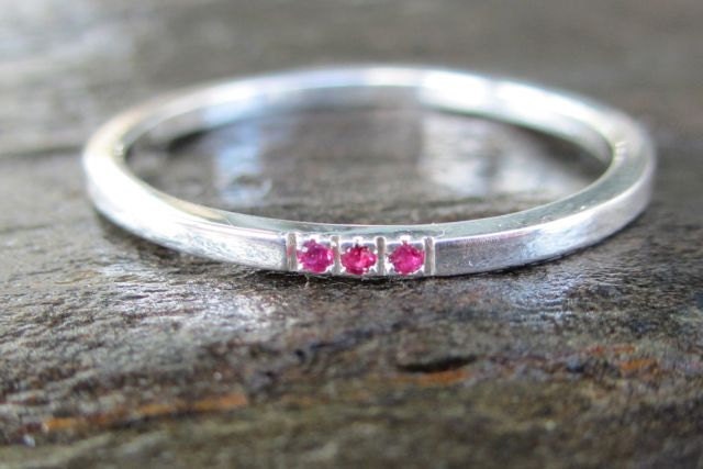 Three Stone Sterling Silver Stacking Ring 925 and Three Rubies Handmade Size: 7