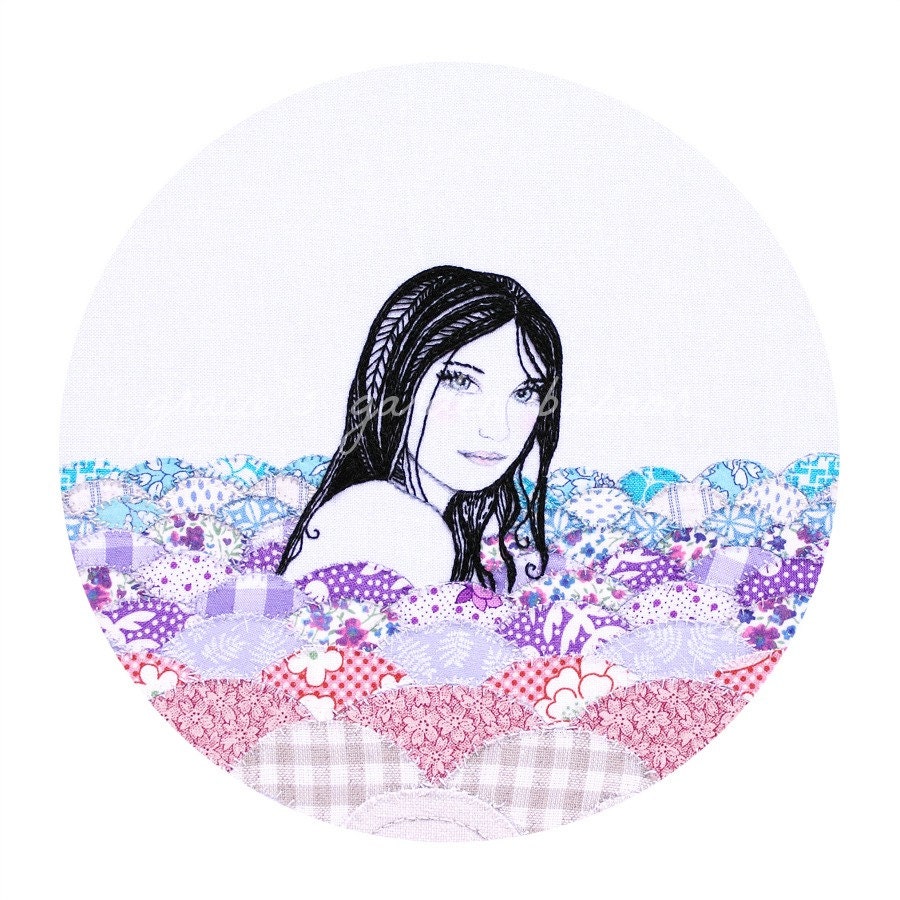 A mermaid's song - Giclee Print- Embroidery art-textile art-purples-pinks-blues-6x6-fairytale-sea inspired