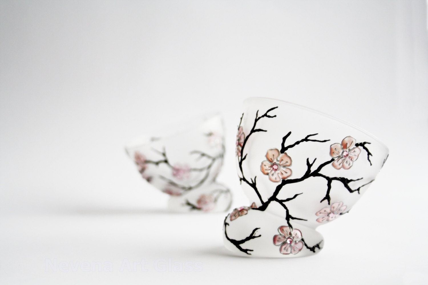 Hand Painted Glass Cup -Candle Holder - Ice Cream bowls Sakura Cherry Blossom Design Swarowski Crystals Wedding Decor set of 2