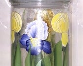 Cookie / Storage Jar with Hand Painted Tulips, Irises and Daisies