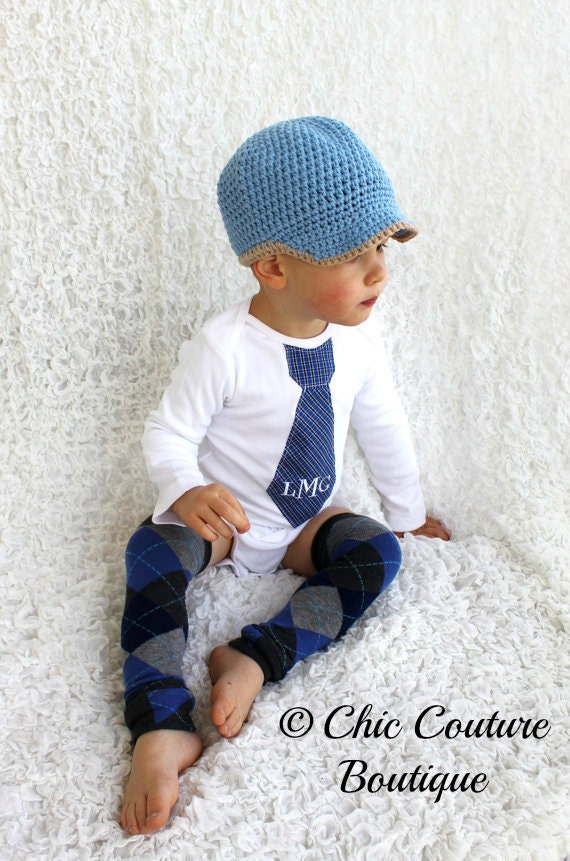 Baby Boy Personalized Tie Onesie. Blue Plaid with White Monogram. Plaid of Blue, Gray Grey, White, and Black, Easter Spring Wedding