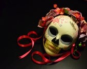 Geisha Day of the Dead Mask - Sakura Spirit Dia de los Muertos Skull Mask Kabuki Colorful Sakura Orchid Kanzashi Dangling Bira Bira