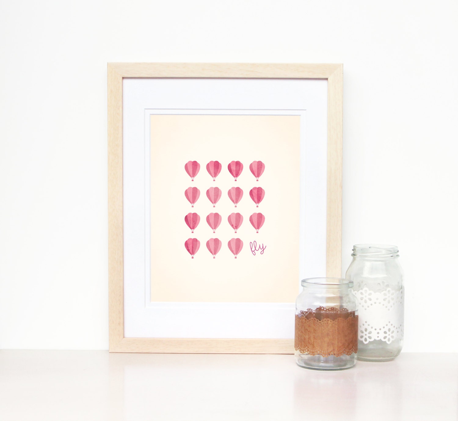 Hot Air Balloon 'Fly' Art Print in Rose Pink, Digital Illustration for the home