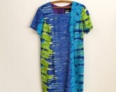 1980s vintage shift mini dress - blue green watercolor abstract print - short - xs / small