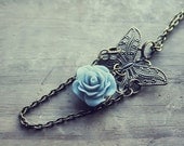 Sky Blue Rose - Bronze Filigree Butterfly Charm Necklace