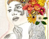 gypsy girl boho wall art bohemian poster flowers fashion illustration 11 x 14 paper PRINT orange pink grapefruit sunshine yellow