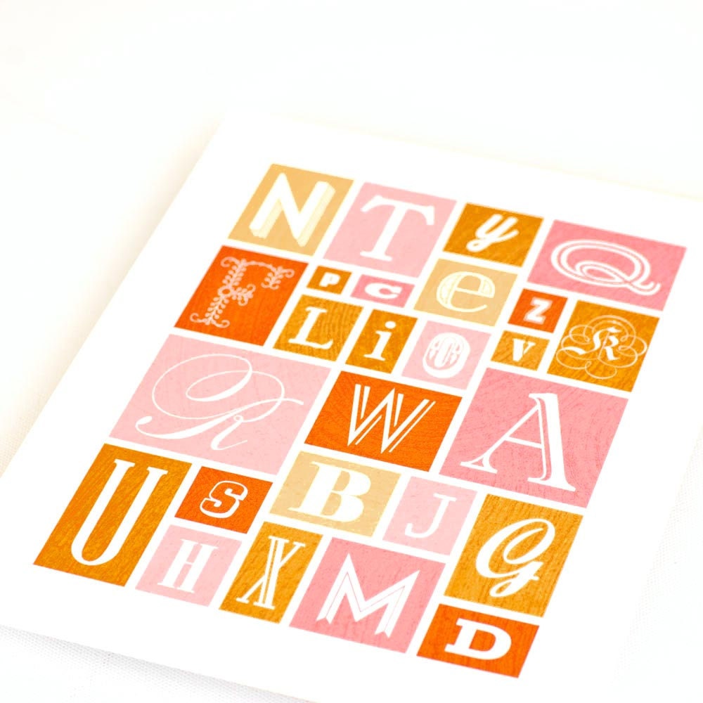 Alphabet Art Print, Childrens Nursery Art, Typography Print, Pink Orange, Girl // ALPHA BLOCKS