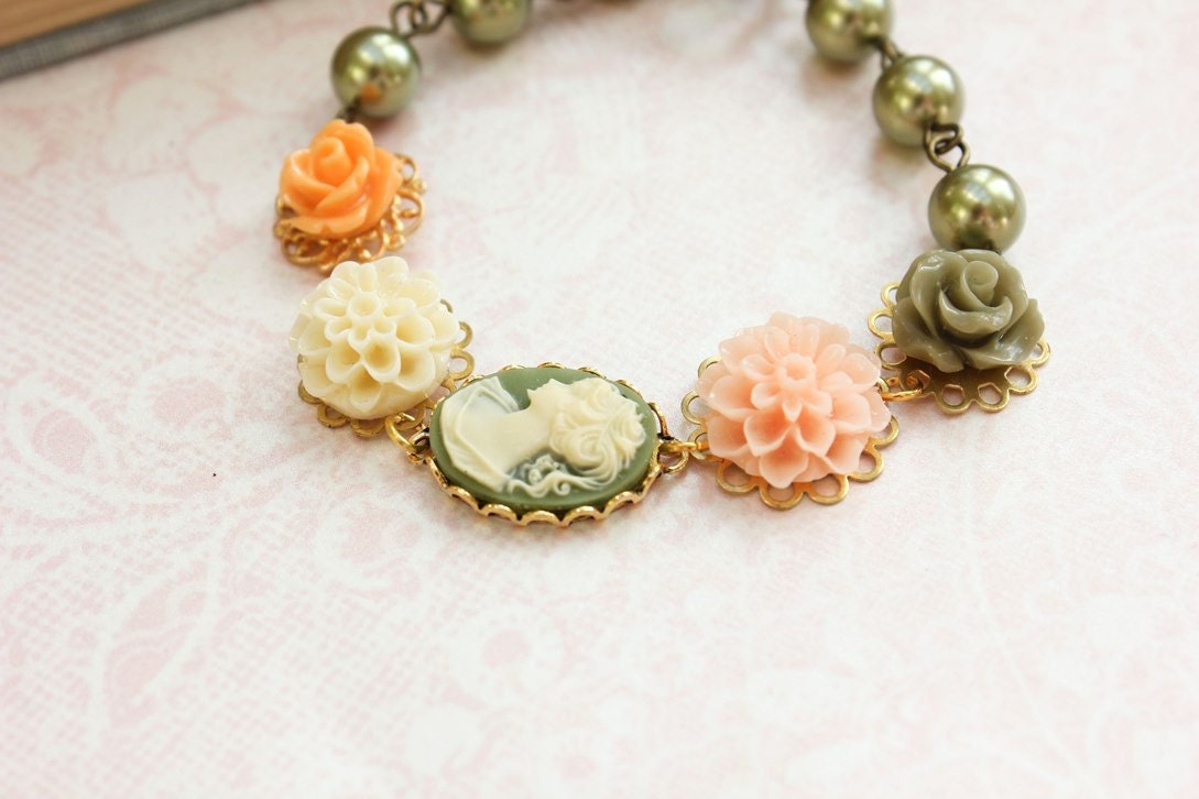 Cameo Bracelet Lady Face Cameo Peach Orange Dahlia Chrysanthemum Olive Green Pearl Beaded Cuff Shabby Chic Spring Vintage Style Jewelry