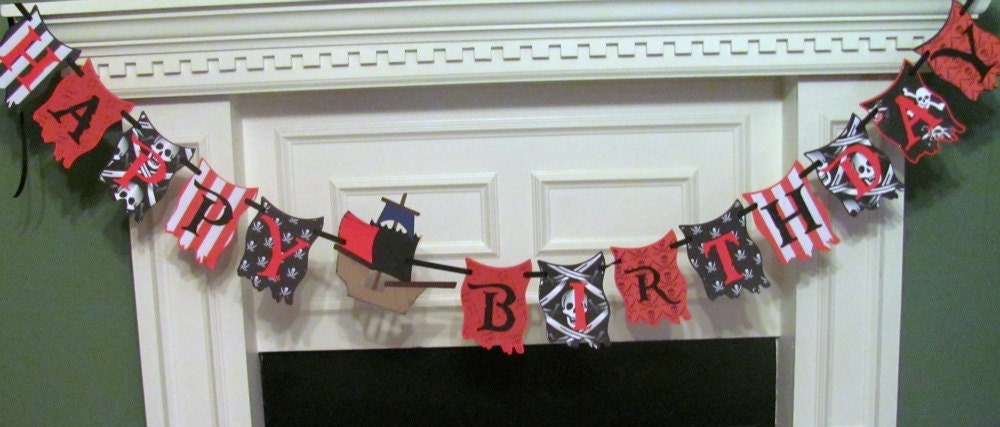 Pirate Birthday Banner with Personalized Name Banner featuring a Pirate & his Parrot