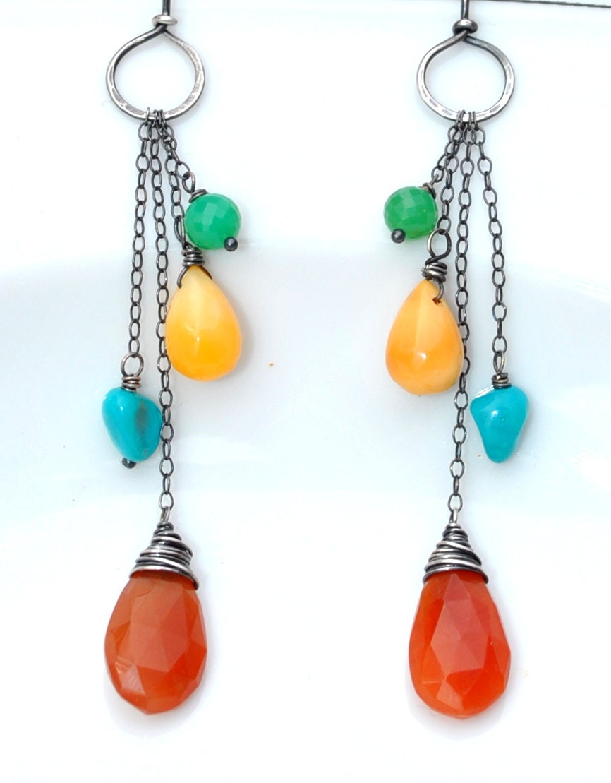 RESERVED for RHONDA Bold Color Gemstone Dangle Earrings in Sterling - Orange Quartz, Turquoise, Chrysoprase, Yellow Opal, Summer Whimsy