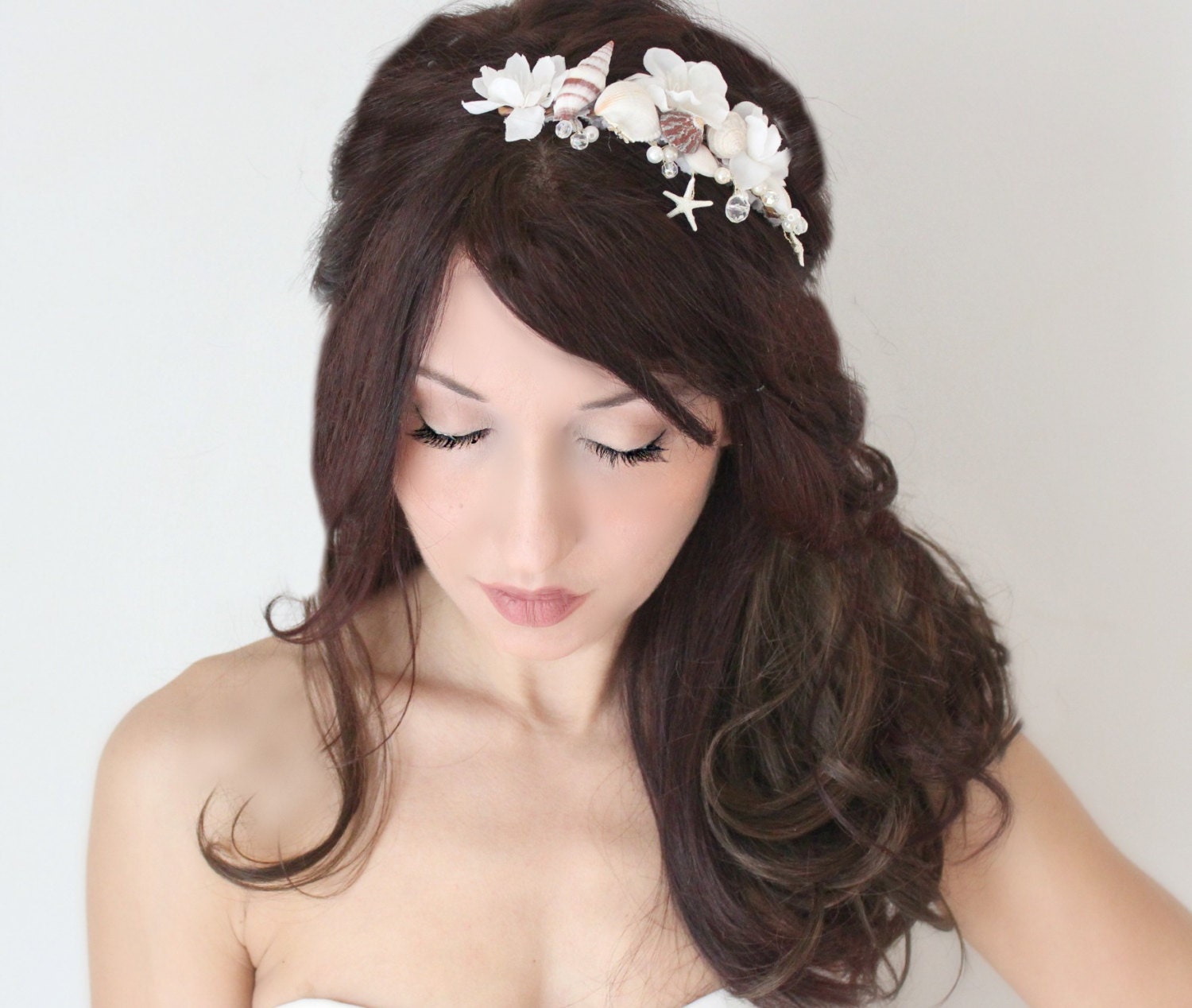 Beach Wedding Comb, Seashell Starfish Pearls Crystals & Flowers Hair Comb, 'By The Sea', wedding accessory, bridal headpiece,